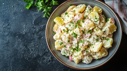 Top view of a bowl of warm German potato salad, with ample copy space around the dish.