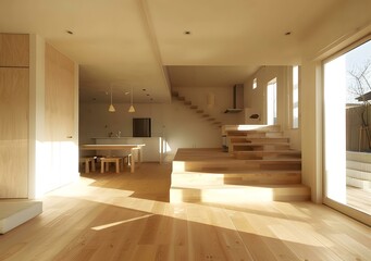 Obraz premium Modern Minimalist Interior Design with Wooden Stairs and Kitchen