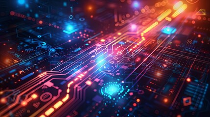 Fototapeta premium Abstract Circuit Board with Red and Blue Glowing Lines