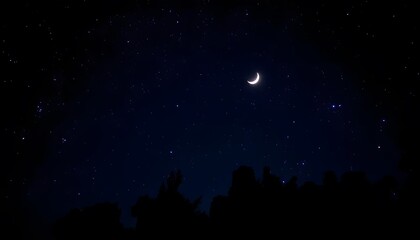 Naklejka premium A crescent moon in a dark blue night sky, with silhouetted pine trees in the foreground