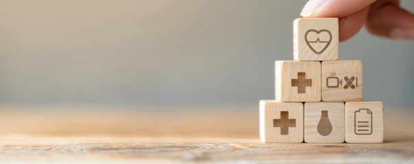 A hand placing wooden blocks with symbols representing health, energy, and care, symbolizing wellness and positivity.