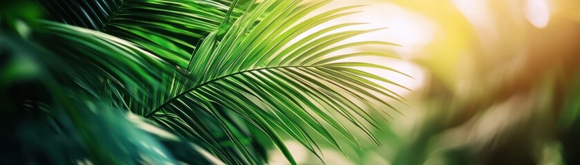 Vibrant green palm leaves illuminated by warm sunlight, creating a tranquil and lush tropical atmosphere. © Yotwarit