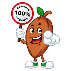 Cute Cocoa Bean Mascot Holding 100% Organic Sign.