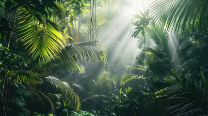 Naklejka premium Sunlight Filtering Through Lush Green Tropical Rainforest Canopy with Dense Foliage