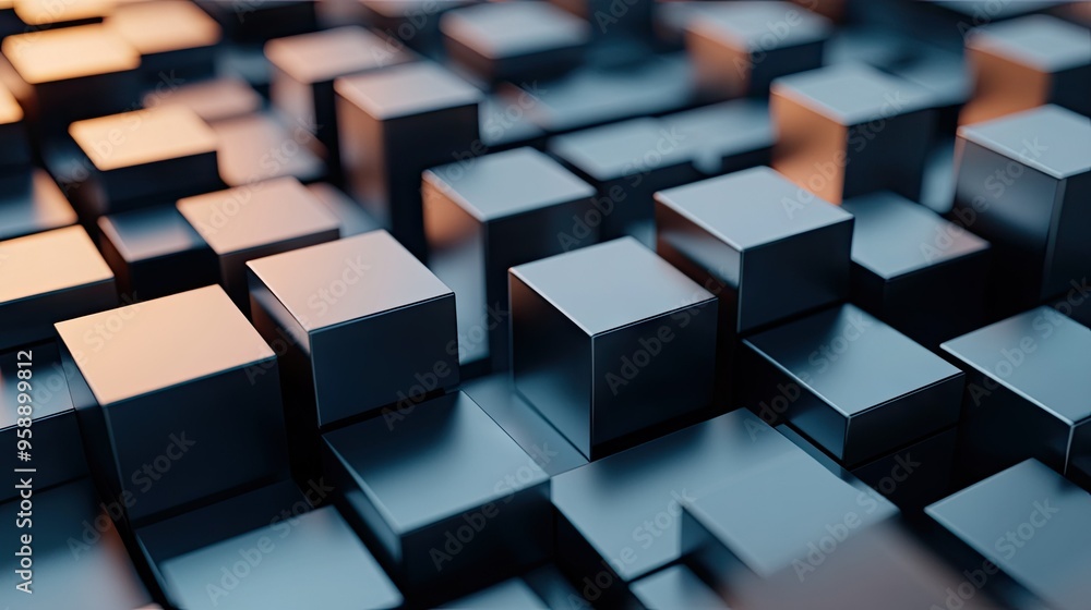 Poster Abstract 3D cubes and rectangles arranged in a grid pattern, with varying shades and shadows to create depth. Ideal for architectural or tech visuals.