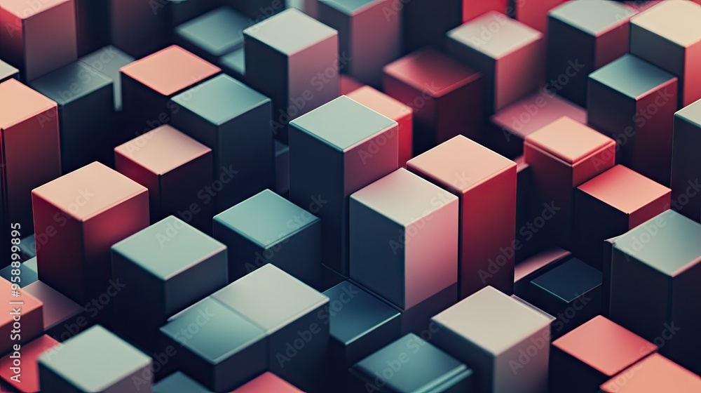 Poster Abstract 3D cubes and rectangles arranged in a grid pattern, with varying shades and shadows to create depth. Ideal for architectural or tech visuals.
