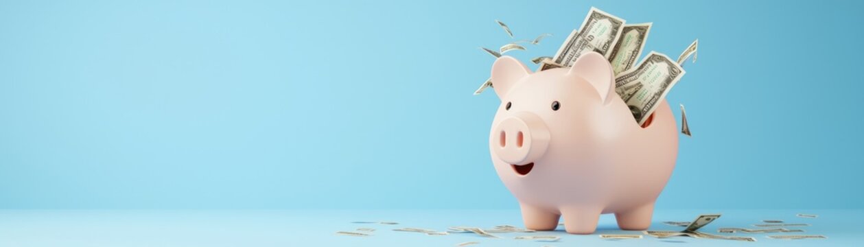 Pay day graphic, piggy bank bursting with cash, savings concept, 3D rendering