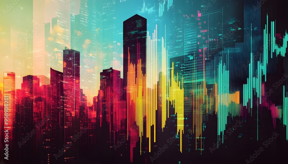 Poster cityscape with abstract data visualization and digital lines