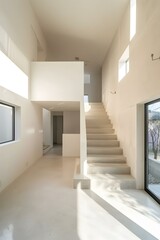Modern Minimalist Home Interior Design with Concrete Stairs and Sunlight