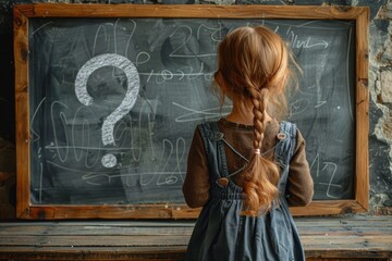 Obraz premium Little girl standing in front of a chalkboard with question mark