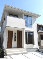 Modern White Two Story House with Wooden Doors