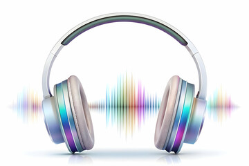 Flat Headphones with Holographic Sound Waves - Innovative Concept in Smart Business Tone: Vector Illustration of Headphones on White Surface with Digital Elements Interacting, Copy Space Available