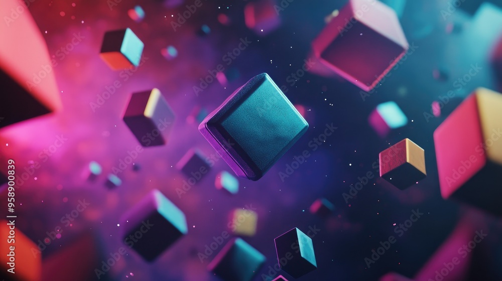 Poster abstract 3d geometric shapes floating in space, with a focus on symmetry and balance, ideal for futu