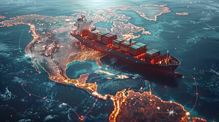 Cargo Ship Sailing Across North America with Illuminated Cities