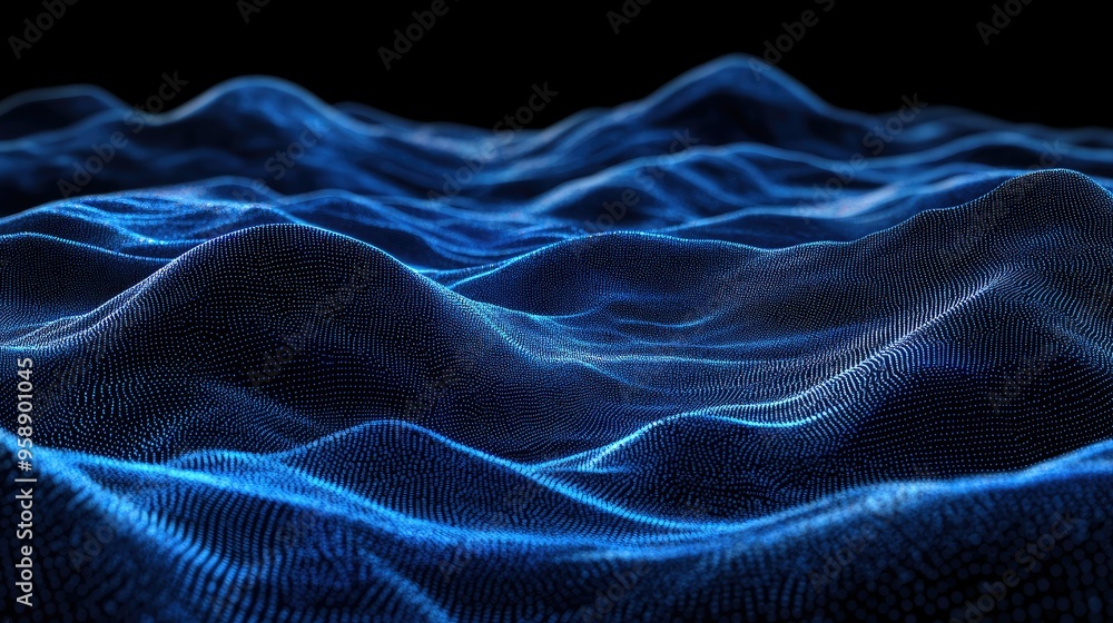 Poster abstract 3d landscape with flowing blue particle lines on a black background, representing futuristi