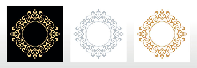 Set of decorative frames Elegant vector element for design in Eastern style, place for text. Floral black, golden and gray borders. Lace illustration for invitations and greeting cards