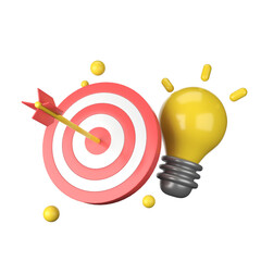 Target Achieved:  3D Render of Bullseye and Lightbulb symbolizing innovative solutions and successful goal achievement. 