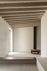 Minimalist Interior Design with Wooden Beam Ceiling and Wooden Floor