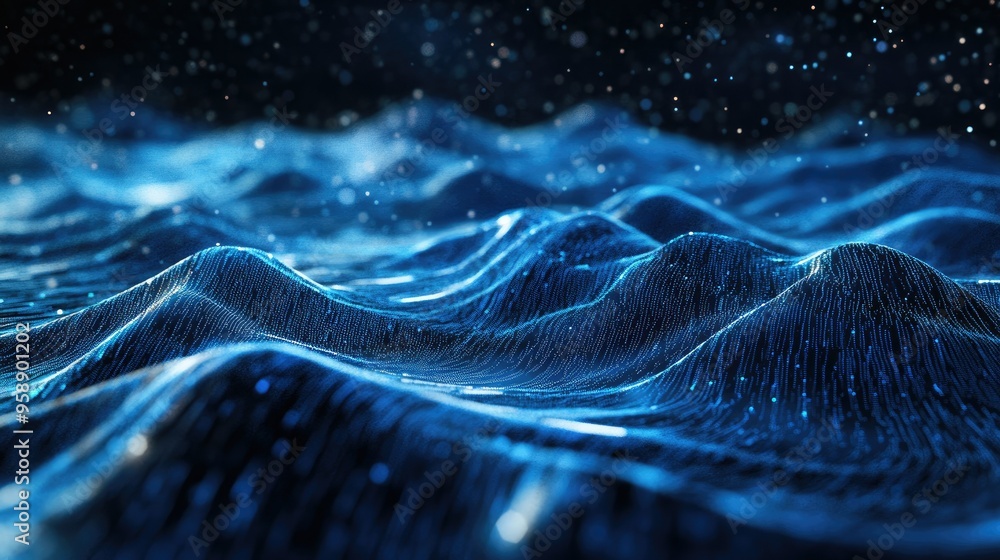 Poster abstract 3d landscape with flowing blue particle lines on a black background, representing futuristi