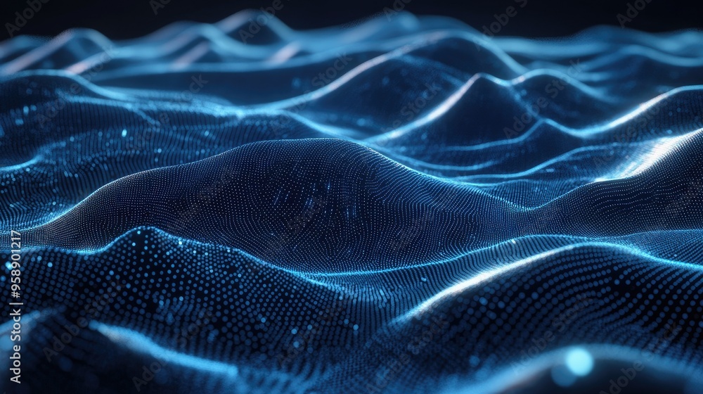 Poster abstract 3d landscape with flowing blue particle lines on a black background, representing futuristi