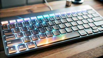 Fototapeta premium Modern Flat Keyboard with Holographic Shortcuts Floating Above Keys - Smart Business Concept in Simple Vector Illustration with Copy Space