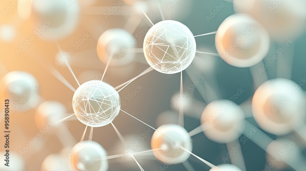 Poster abstract 3d spheres connected by thin lines, floating in space with a gradient background, symbolizi