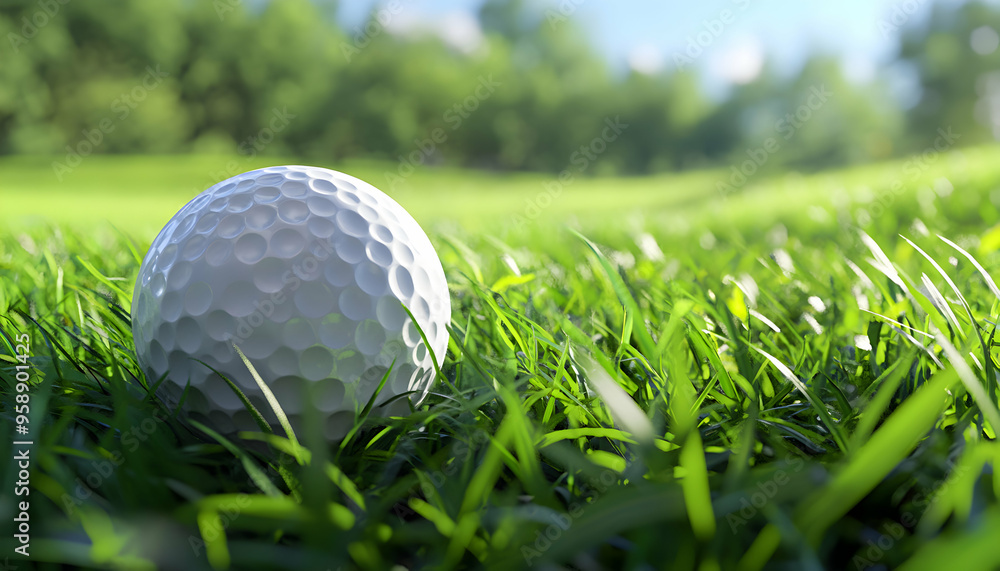 Wall mural close-up of a golf ball lying in green grass on a sunny day.