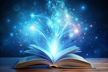 Enchanting open magic book with glowing pages on a mystical background, magic, book, beautiful, glowing, pages.