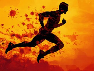 Runner surrounded by symbols of health and immunity, dynamic pose, warm lighting
