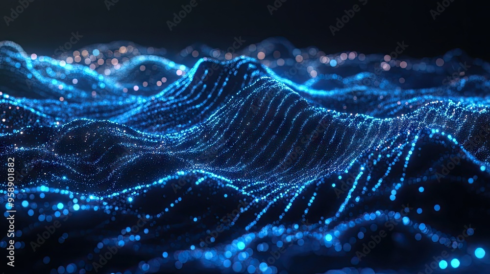 Poster abstract 3d terrain with horizontal blue lines of particles undulating on a dark backdrop, illustrat