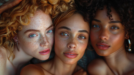 Three women with freckles, curly hair, close-up portrait, natural look