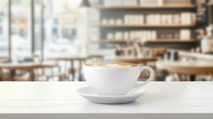 Fototapeta premium A white coffee cup with latte art sits on a saucer against a blurred caf? background.