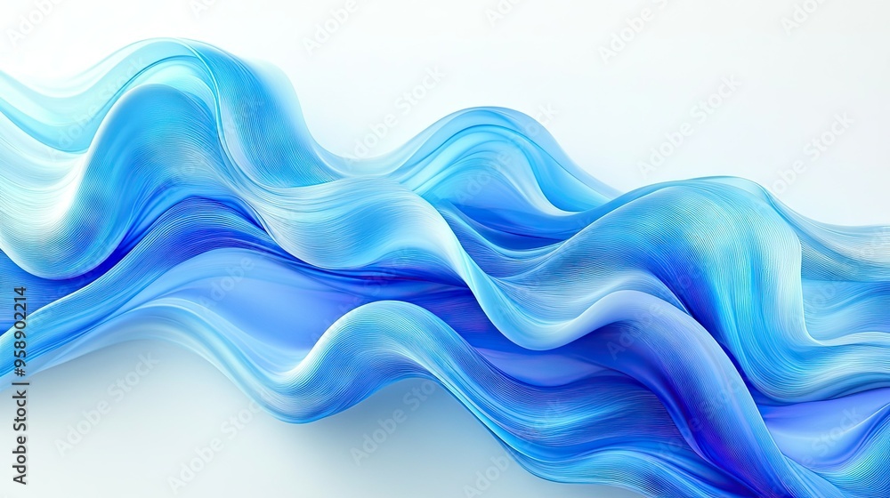 Poster abstract 3d waves in varying shades of blue on a white background, creating a dynamic visual for fly