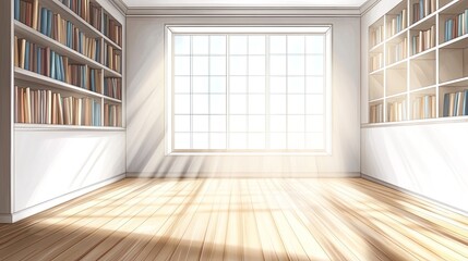 Obraz premium A bright, airy room with bookshelves and sunlight streaming through large windows.