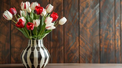 A bouquet of red and white tulips in a black and white patterned vase against a rustic wooden background.