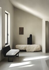 Minimalist Interior Design with Natural Stone Bench and Abstract Sculpture