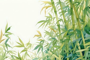 Fototapeta premium Watercolor painting of bamboo leaves in various shades of green, creating a peaceful and natural atmosphere. Ideal for nature-themed designs, backgrounds, and Zen-inspired projects.