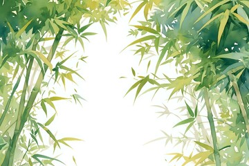 Obraz premium Watercolor painting of bamboo leaves in various shades of green, creating a peaceful and natural atmosphere. Ideal for nature-themed designs, backgrounds, and Zen-inspired projects.