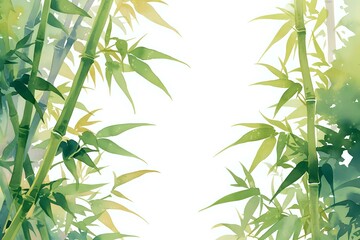 Obraz premium Watercolor painting of bamboo leaves in various shades of green, creating a peaceful and natural atmosphere. Ideal for nature-themed designs, backgrounds, and Zen-inspired projects.
