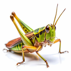 a close up of a grasshopper with white background