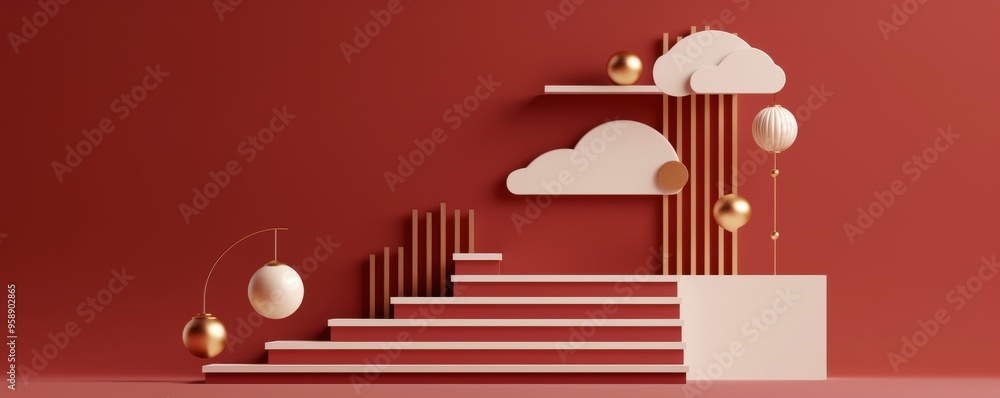 Aufkleber stylish modern design featuring geometric shapes, clouds, and elegant textures on a warm red backgro