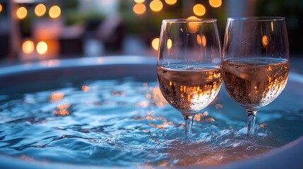 two wine glasses on hot tub couple relaxing enjoying romantic wellness weekend in spa concept of valentine day
