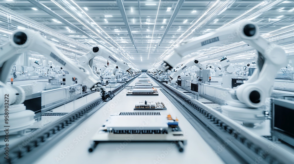 Poster High-Tech Manufacturing Floor with Robotic Arms Assembling Computer Components in Synchronization, Brightly Lit and Efficient Environment