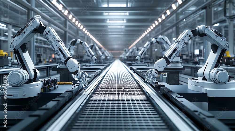 Fototapete High-Tech Manufacturing Floor with Robotic Arms Assembling Computer Components in Synchronization, Brightly Lit and Efficient Environment
