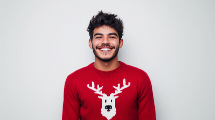 Smiling latino young man in a red christmas sweater with reindeer design, he is smiling looking at camera, isolated on white background. 