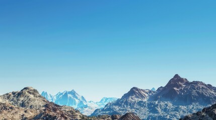 A realistic mockup scene of a rugged mountain range under a clear blue sky, ideal for advertising hiking or camping gear against the backdrop of nature's majesty.