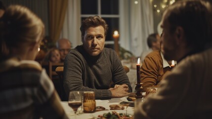 Young Man with Introspective Gaze at Family Gathering Around Dinner Table