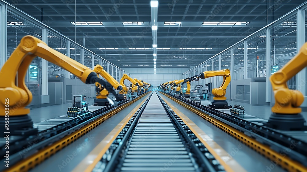 Poster High-Tech Manufacturing Floor with Robotic Arms Assembling Computer Components in Synchronization, Brightly Lit and Efficient Environment