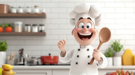 A happy cartoon chef in a white hat and uniform holds a wooden spoon in a kitchen.