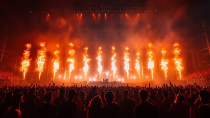 A vibrant concert at night featuring an electrifying stage with flames and a captivated audience in an arena setting
